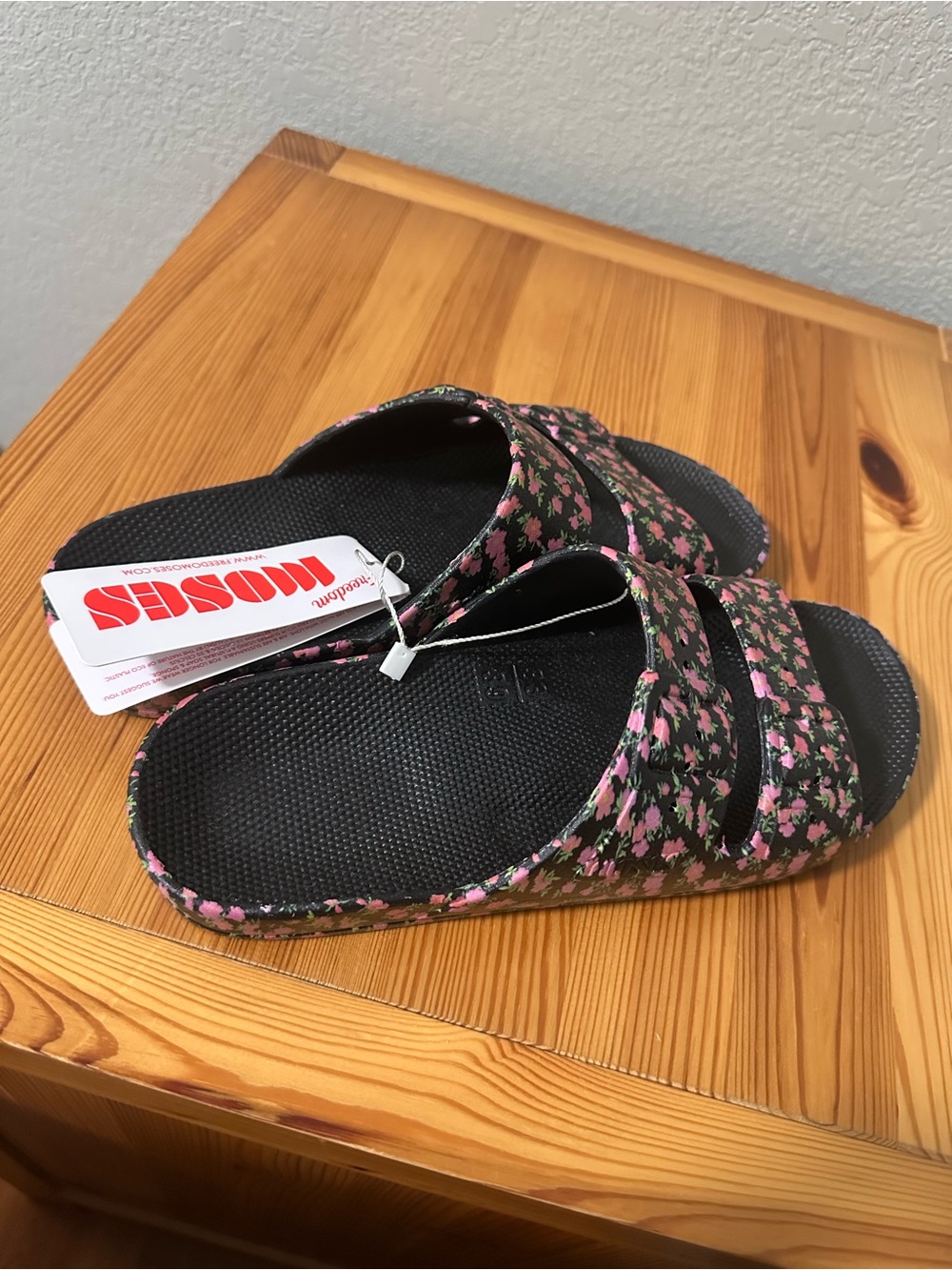 Slides with Pink Floral Print on Black Footbed by freedom Moses